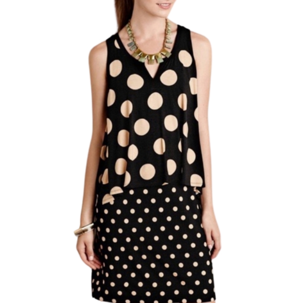 MAEVE Anthropologie Black Tan Polka Dot Sleeveless Layer Dress Small